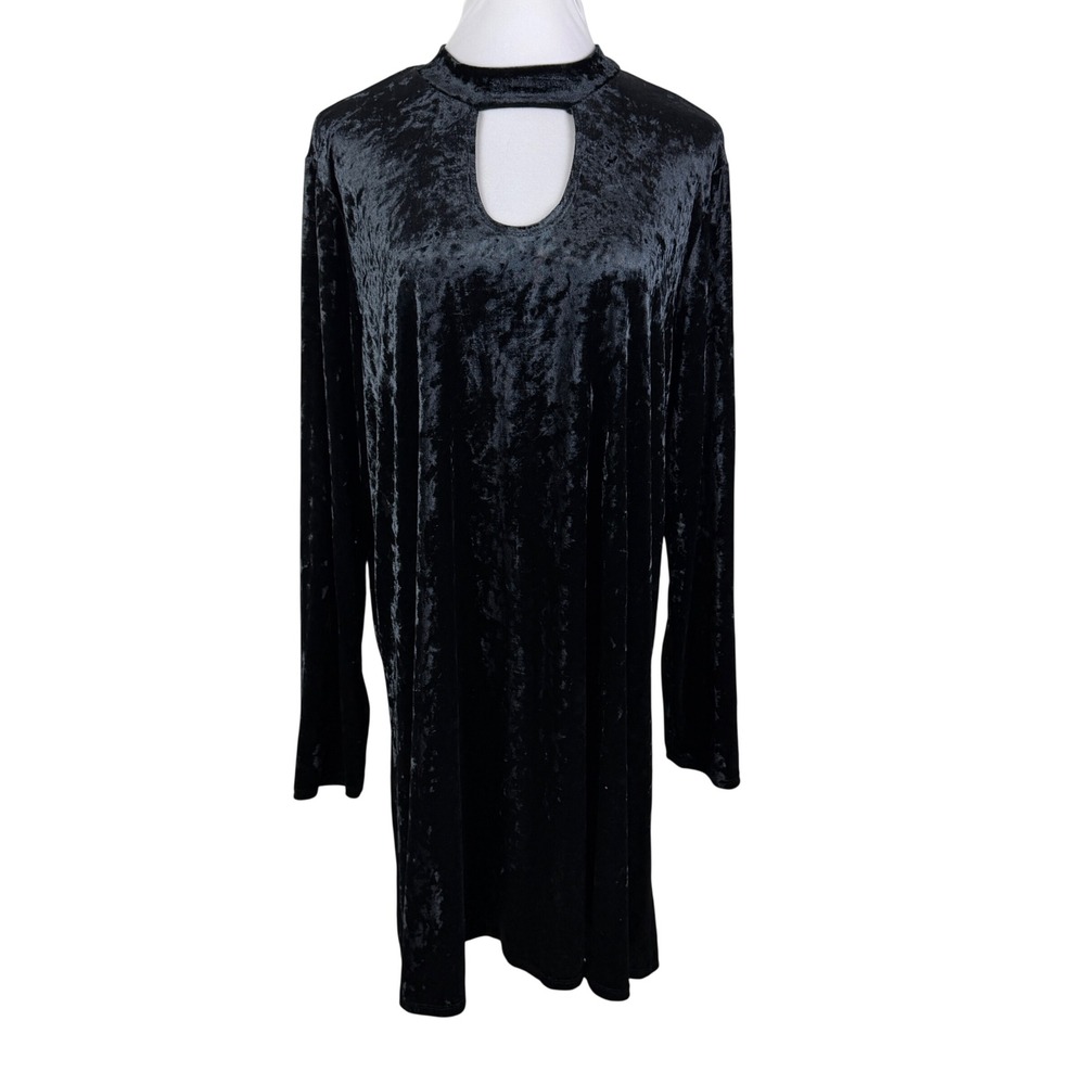 M. Fasis Women's 2X Black Crushed Velvet Choker Keyhole‎ Long Sleeve Mini Dress